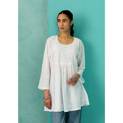 House of Chikankari Chandni Chikankari Cotton A-Line White Kurti