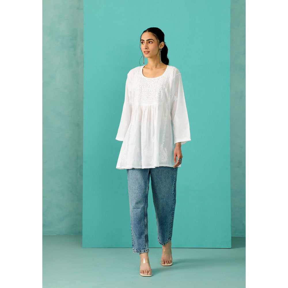 House of Chikankari Chandni Chikankari Cotton A-Line White Kurti