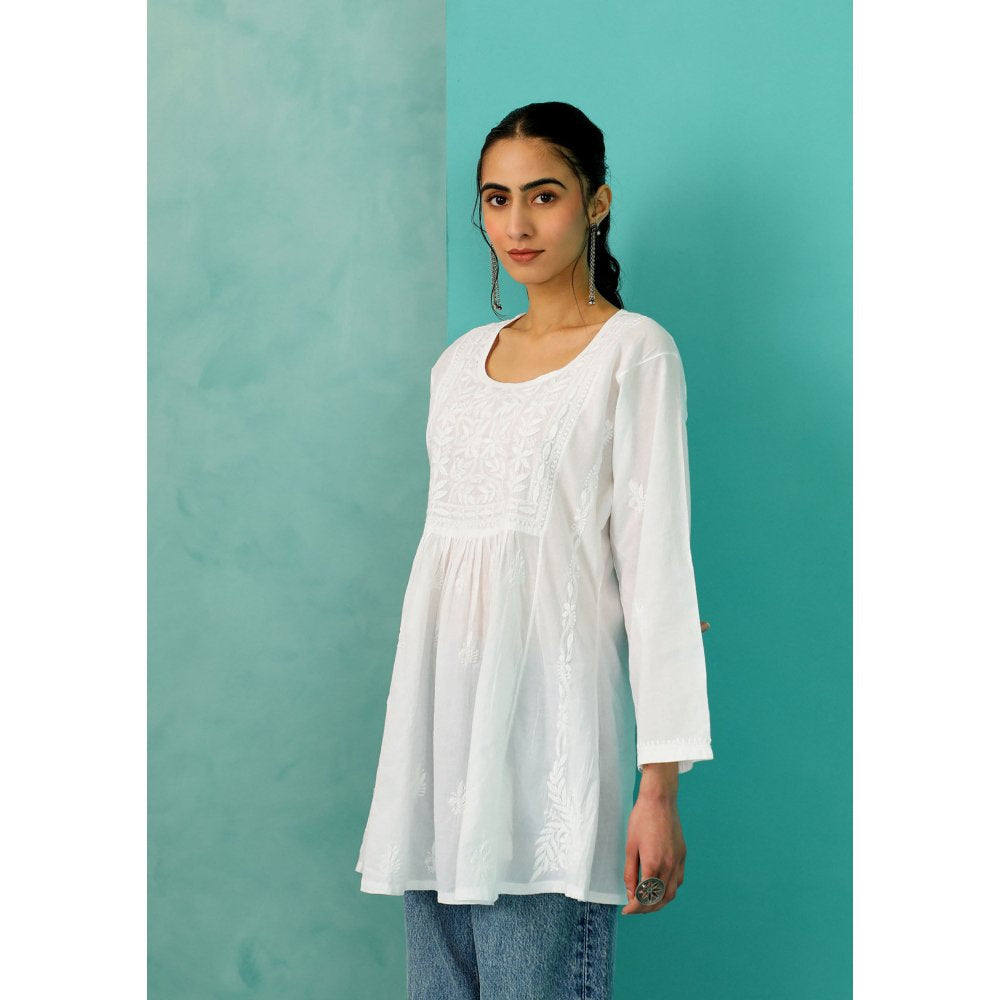 House of Chikankari Chandni Chikankari Cotton A-Line White Kurti