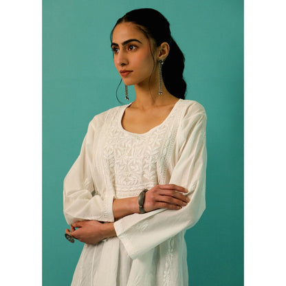House of Chikankari Chandni Chikankari Cotton A-Line White Kurti