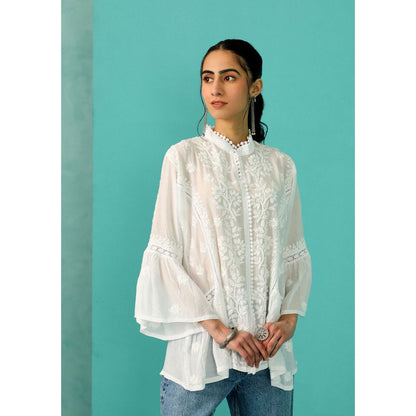 House of Chikankari Chandni Chikankari Cotton A-Line White Kurti