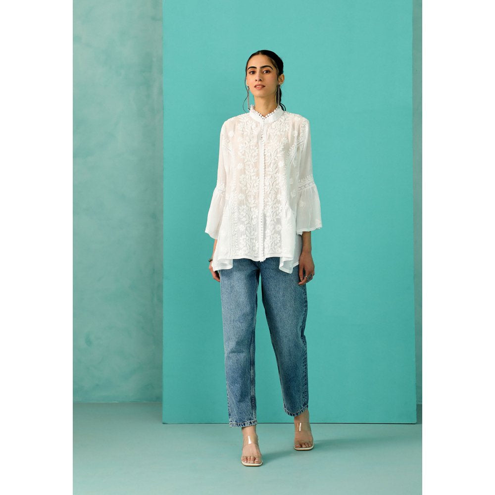 House of Chikankari Chandni Chikankari Cotton A-Line White Kurti