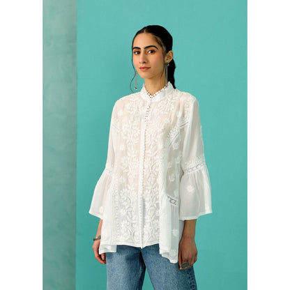 House of Chikankari Chandni Chikankari Cotton A-Line White Kurti