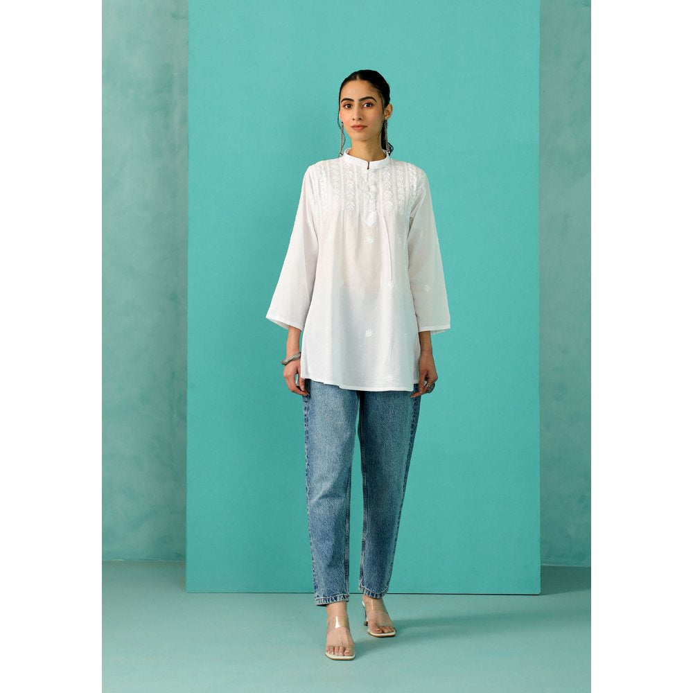 House of Chikankari Chandni Chikankari Cotton A-Line White Kurti