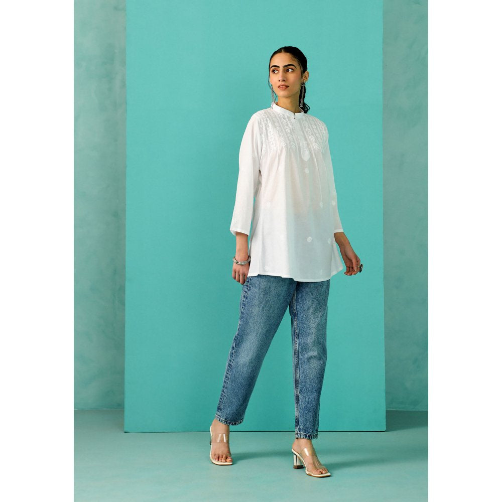 House of Chikankari Chandni Chikankari Cotton A-Line White Kurti