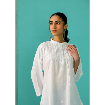 House of Chikankari Chandni Chikankari Cotton A-Line White Kurti