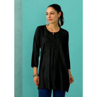 House of Chikankari Chandni Chikankari Cotton A-Line Black Kurti
