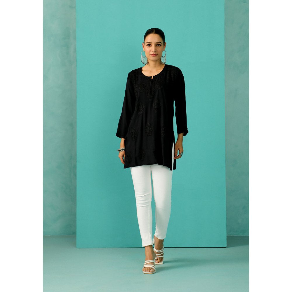 House of Chikankari Chandni Chikankari Cotton A-Line Black Kurti