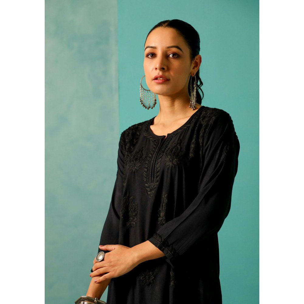 House of Chikankari Chandni Chikankari Cotton A-Line Black Kurti