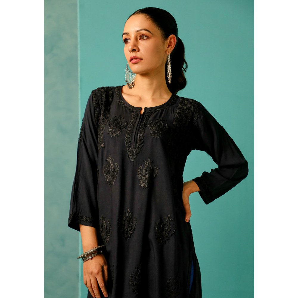 House of Chikankari Chandni Chikankari Cotton A-Line Black Kurti