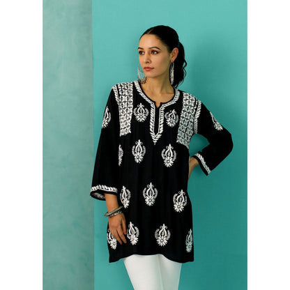 House of Chikankari Chandni Chikankari Modal Straight Black Kurti