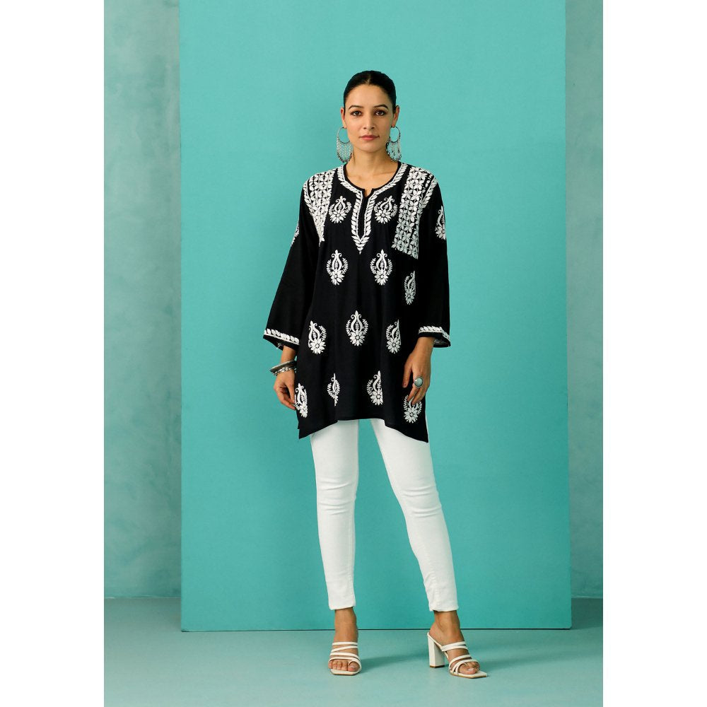 House of Chikankari Chandni Chikankari Modal Straight Black Kurti