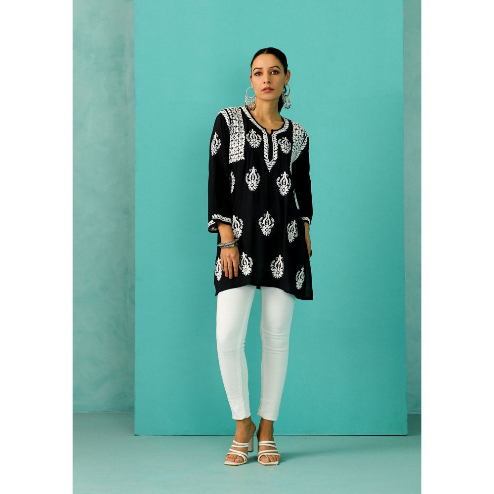 House of Chikankari Chandni Chikankari Modal Straight Black Kurti