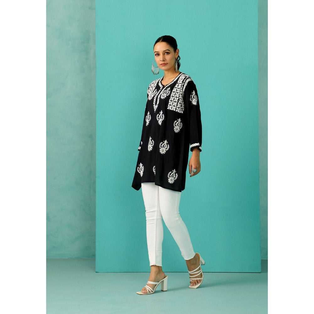 House of Chikankari Chandni Chikankari Modal Straight Black Kurti
