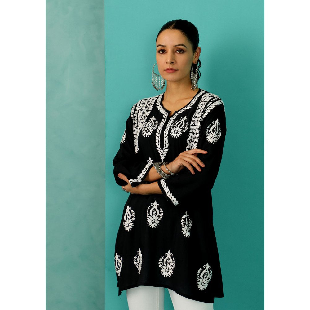 House of Chikankari Chandni Chikankari Modal Straight Black Kurti