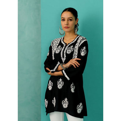 House of Chikankari Chandni Chikankari Modal Straight Black Kurti