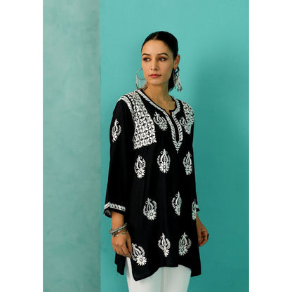 House of Chikankari Chandni Chikankari Modal Straight Black Kurti