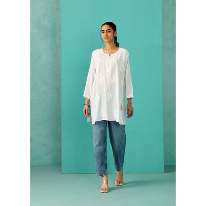 House of Chikankari Chandni Chikankari Modal Straight White Kurti