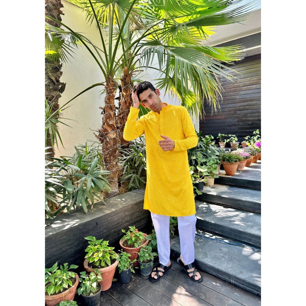 House of Chikankari Aryan Chikankari Rayon Straight Men Kurta with Sequin