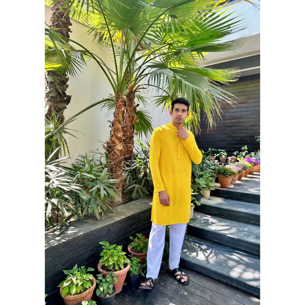 House of Chikankari Aryan Chikankari Rayon Straight Men Kurta with Sequin