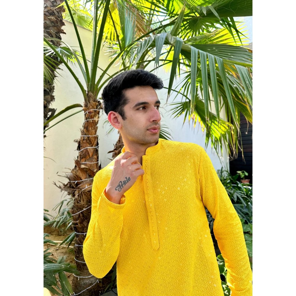 House of Chikankari Aryan Chikankari Rayon Straight Men Kurta with Sequin