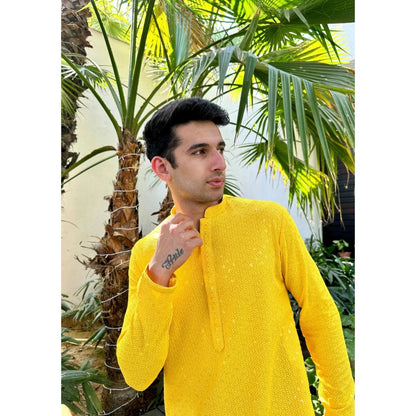 House of Chikankari Aryan Chikankari Rayon Straight Men Kurta with Sequin