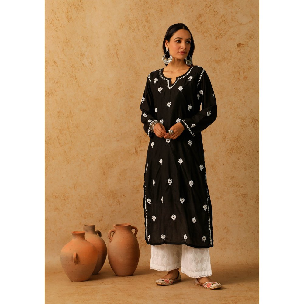 House of Chikankari Black Noor Chikankari Chanderi Straight Kurta