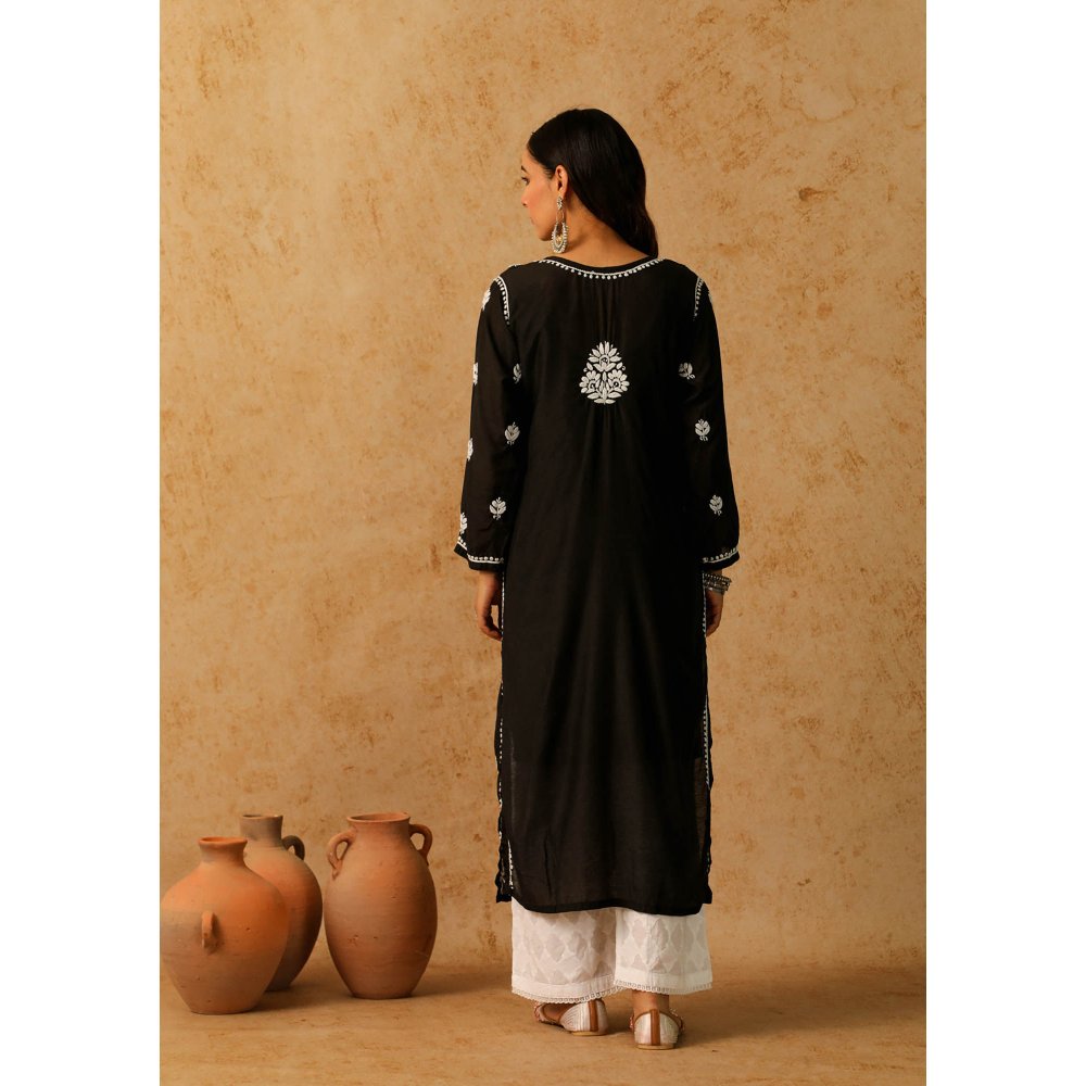 House of Chikankari Black Noor Chikankari Chanderi Straight Kurta