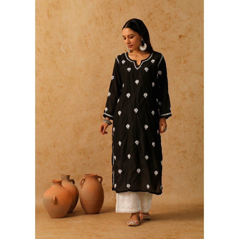 House of Chikankari Black Noor Chikankari Chanderi Straight Kurta