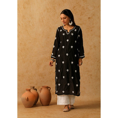 House of Chikankari Black Noor Chikankari Chanderi Straight Kurta