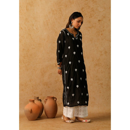 House of Chikankari Black Noor Chikankari Chanderi Straight Kurta