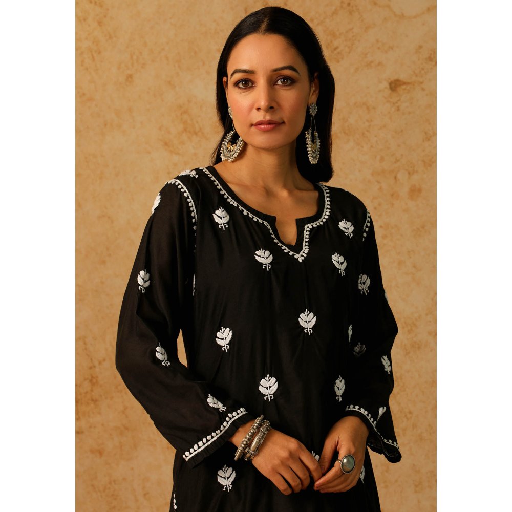 House of Chikankari Black Noor Chikankari Chanderi Straight Kurta