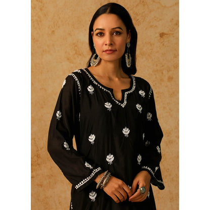 House of Chikankari Black Noor Chikankari Chanderi Straight Kurta