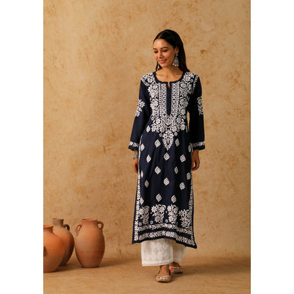 House of Chikankari Navy Blue Maheera Chikankari Modal Straight Kurta