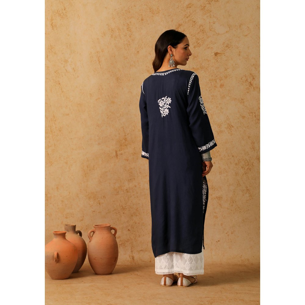 House of Chikankari Navy Blue Maheera Chikankari Modal Straight Kurta