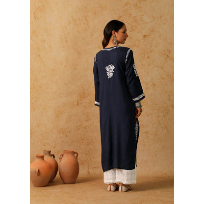 House of Chikankari Navy Blue Maheera Chikankari Modal Straight Kurta