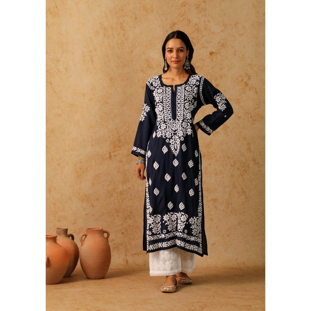 House of Chikankari Navy Blue Maheera Chikankari Modal Straight Kurta