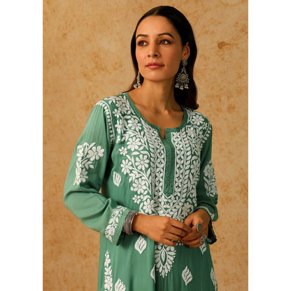 House of Chikankari Green Maheera Chikankari Modal Straight Kurta