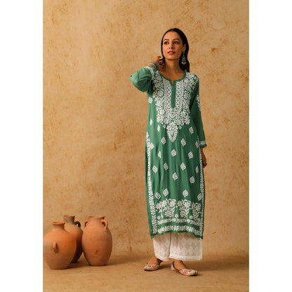 House of Chikankari Green Maheera Chikankari Modal Straight Kurta