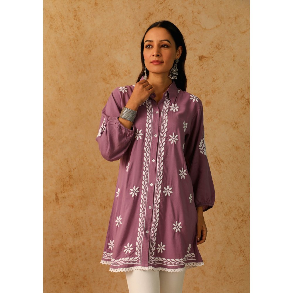 House of Chikankari Purple Afseen Chikankari Modal Straight Shirt