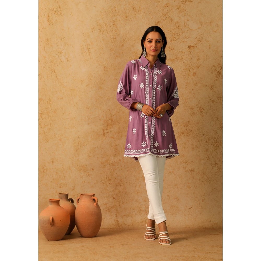 House of Chikankari Purple Afseen Chikankari Modal Straight Shirt