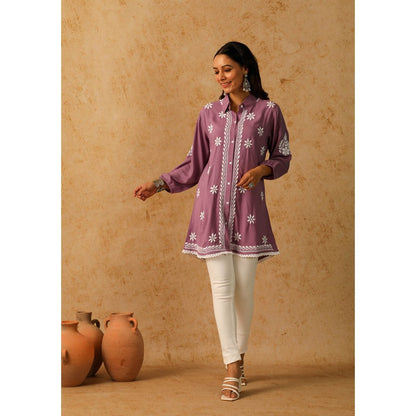 House of Chikankari Purple Afseen Chikankari Modal Straight Shirt