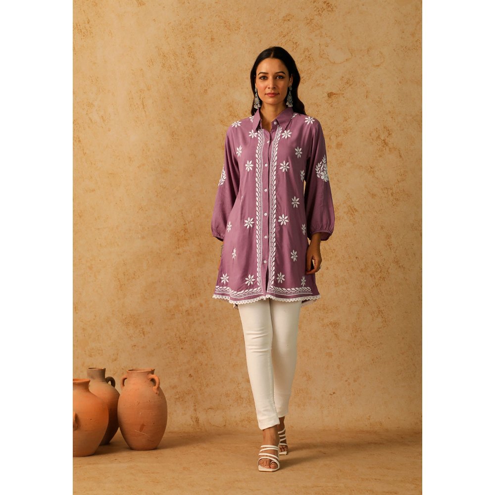 House of Chikankari Purple Afseen Chikankari Modal Straight Shirt