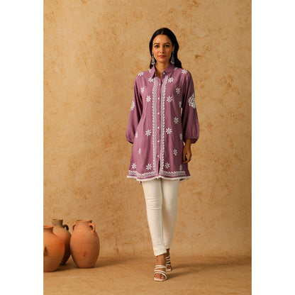 House of Chikankari Purple Afseen Chikankari Modal Straight Shirt