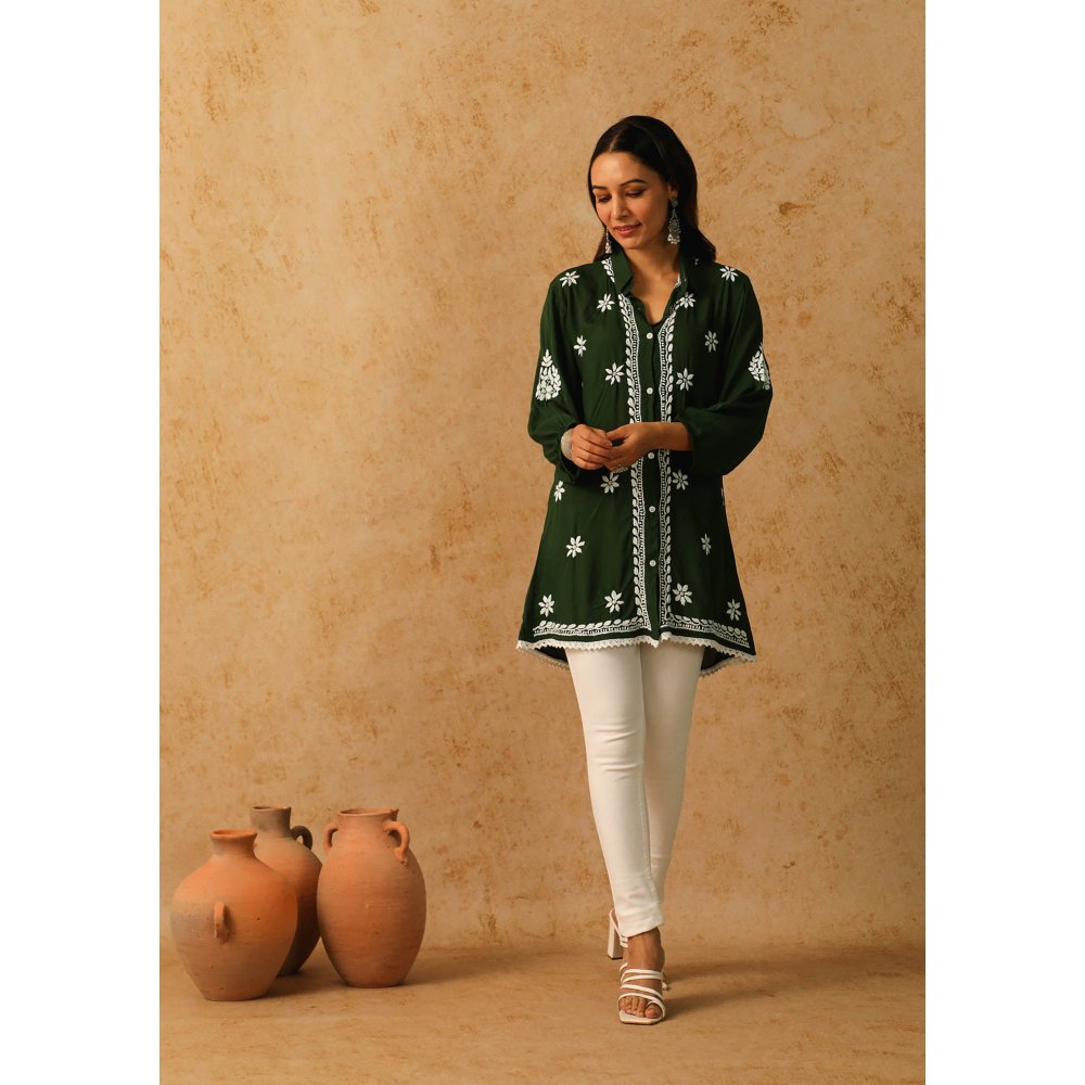 House of Chikankari Green Afseen Chikankari Modal Straight Shirt