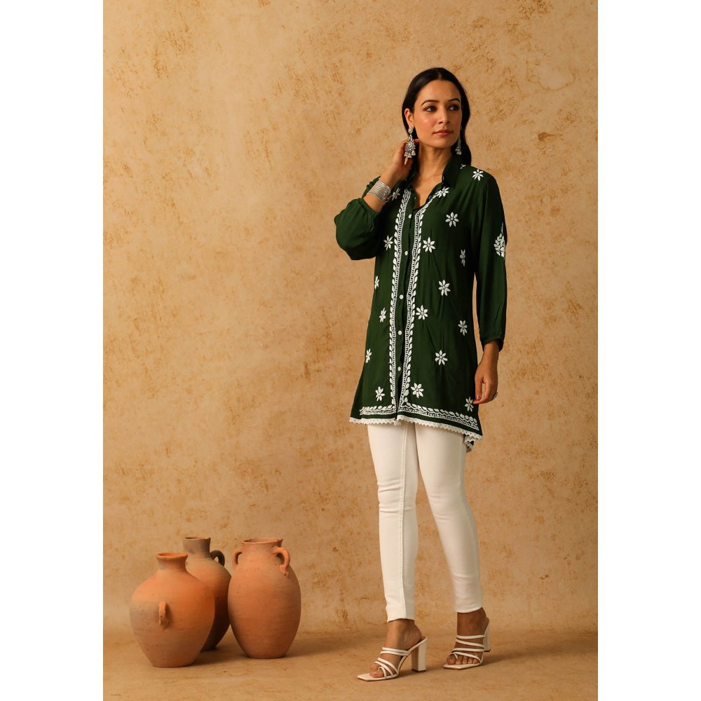 House of Chikankari Green Afseen Chikankari Modal Straight Shirt