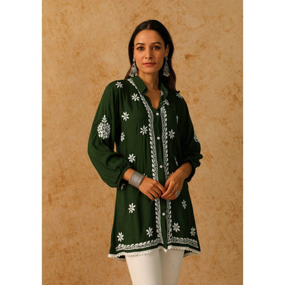 House of Chikankari Green Afseen Chikankari Modal Straight Shirt