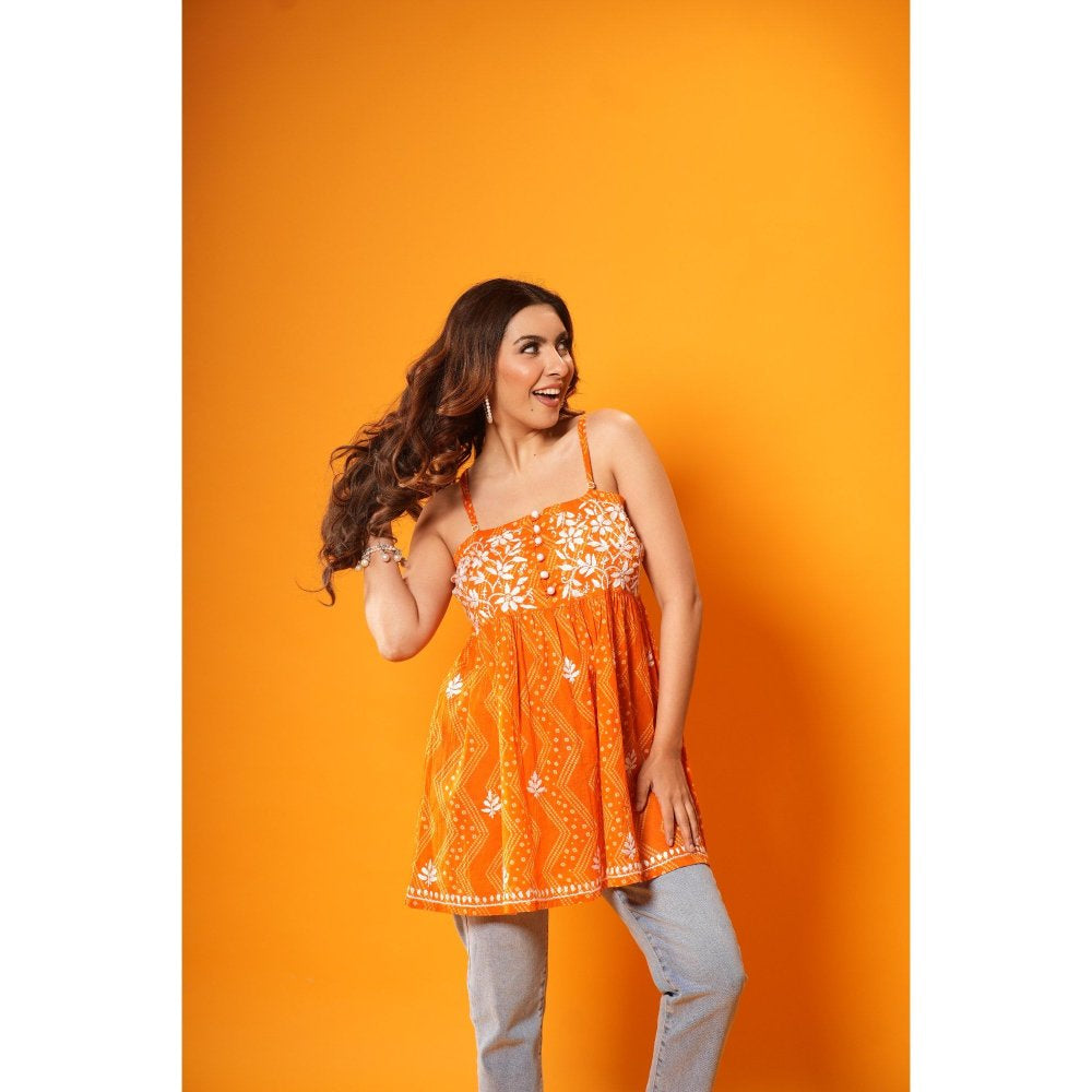 House of Chikankari Jugni Chikankari Mulmul Short Sleeveless Kurti