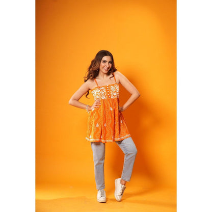 House of Chikankari Jugni Chikankari Mulmul Short Sleeveless Kurti