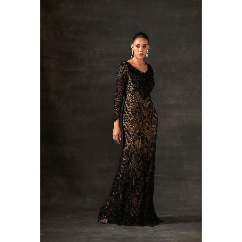 House of Exotique Black Lace Embroidery Gown